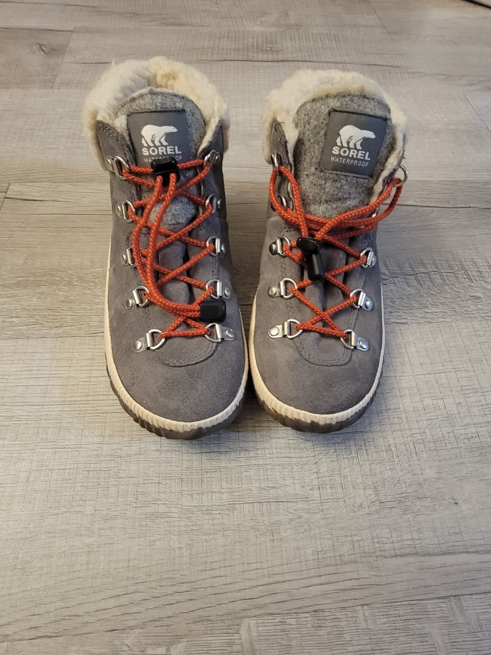 Sorel Kids Waterproof Gray Winter Boots with Orange Laces